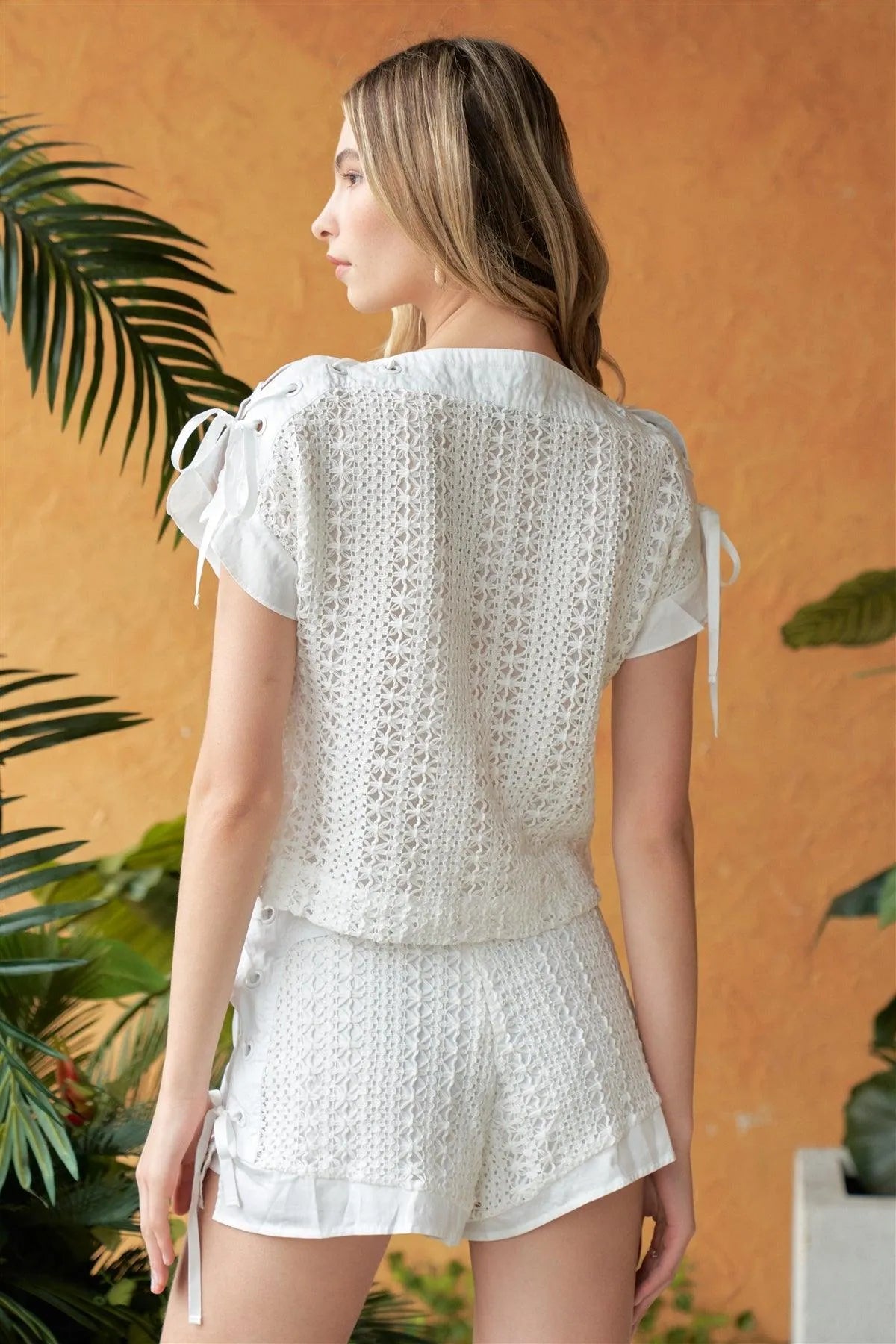 White Embroidery Crochet Lace-Up High-Neck Short Sleeve Top & High-Waisted Shorts Two Piece Set /1-2-2-1 - Tasha Apparel Wholesale