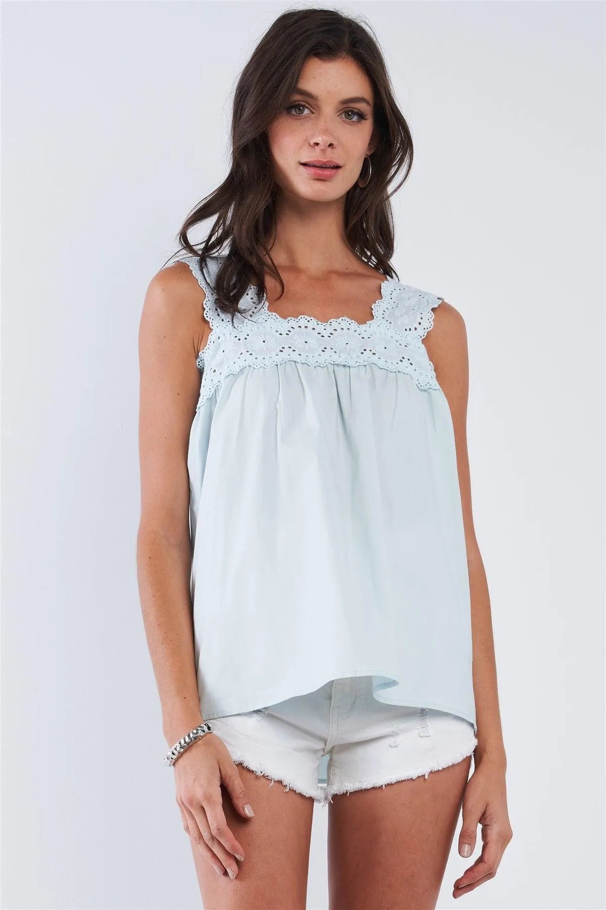 Light Blue Embroidered Square Cut Shoulder Hem Top /1-2-2-1 - Tasha Apparel Wholesale