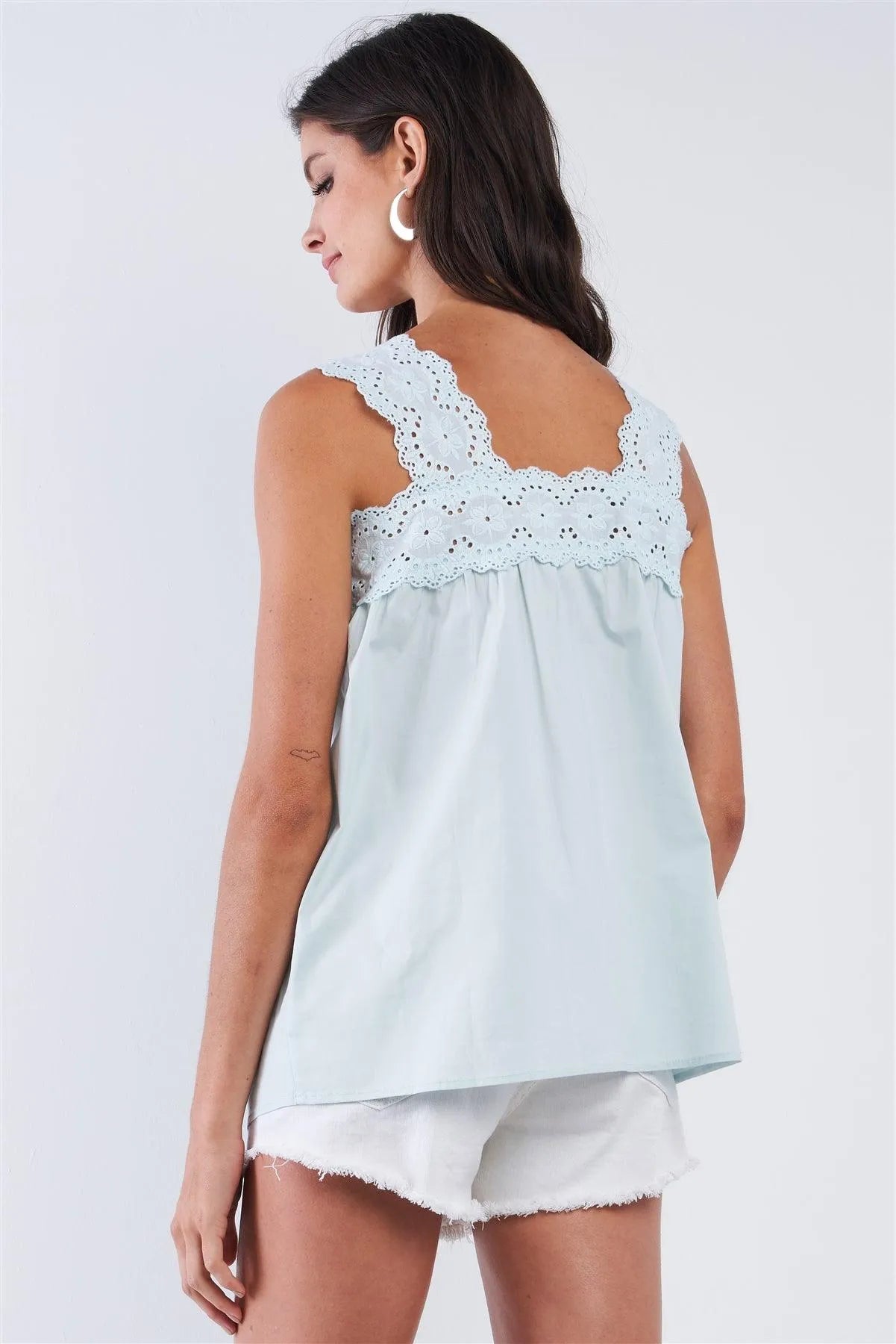 Light Blue Embroidered Square Cut Shoulder Hem Top /1-2-2-1 - Tasha Apparel Wholesale