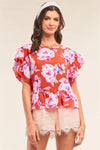 Red Multicolor Floral Print Relaxed Fit Self-Tie Crew Neck Flare Hem Detail Top - Tasha Apparel Wholesale