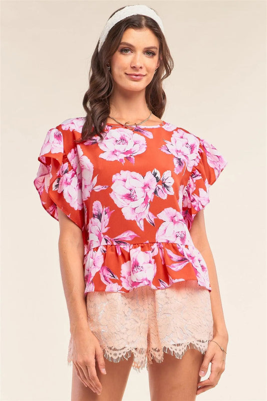 Red Multicolor Floral Print Relaxed Fit Self-Tie Crew Neck Flare Hem Detail Top - Tasha Apparel Wholesale