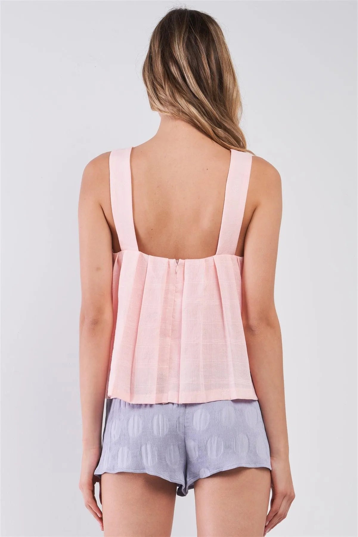 Pink "Baby Doll" Square Neck Sleeveless Wide Straps Pleated Loose Fit Top /1-2-2-1 - Tasha Apparel Wholesale