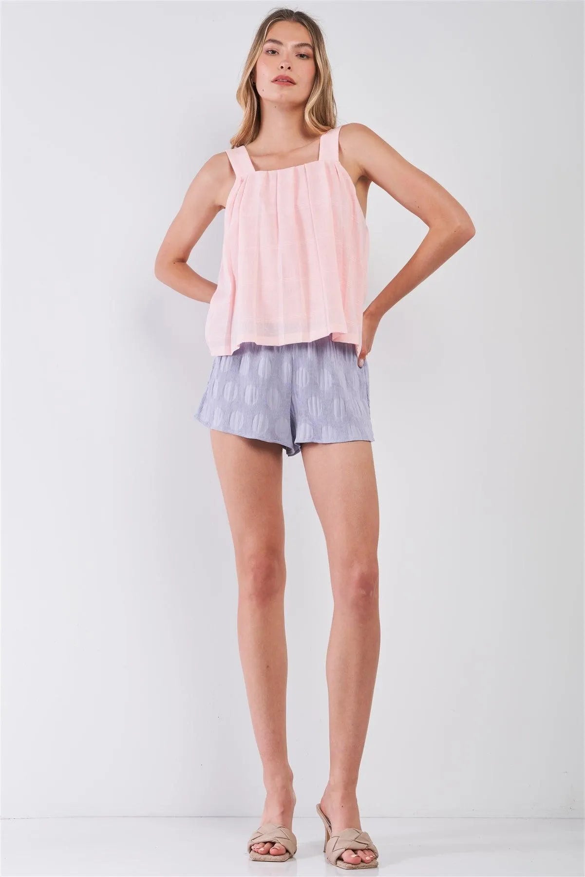 Pink "Baby Doll" Square Neck Sleeveless Wide Straps Pleated Loose Fit Top /1-2-2-1 - Tasha Apparel Wholesale