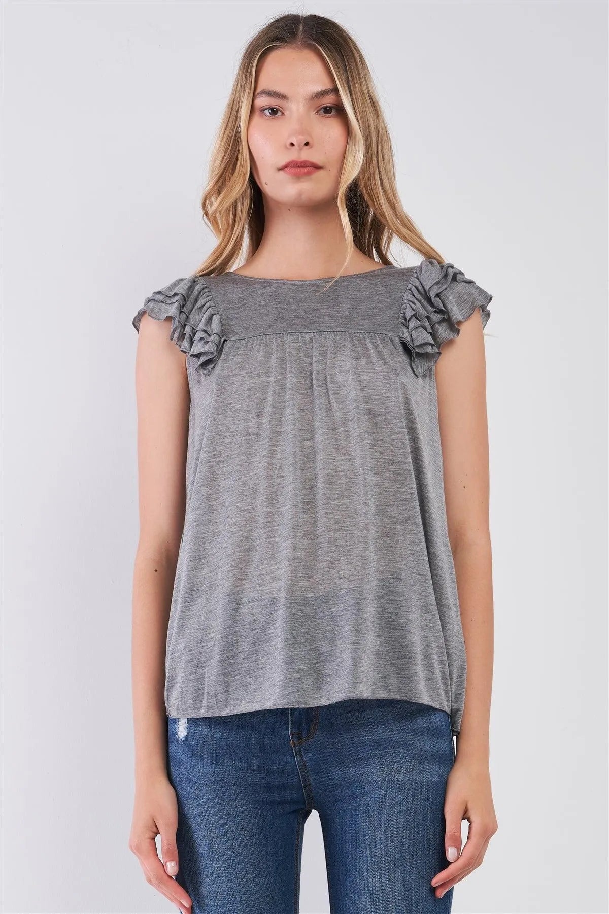Heather Grey Ruffle Angel Sleeve Trim Round Neck Babydoll Top /2-2 - Tasha Apparel Wholesale
