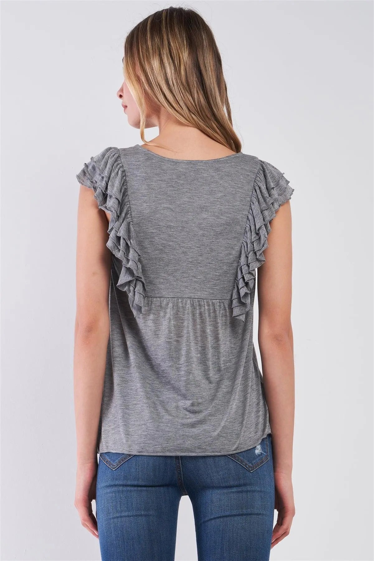 Heather Grey Ruffle Angel Sleeve Trim Round Neck Babydoll Top /2-2 - Tasha Apparel Wholesale