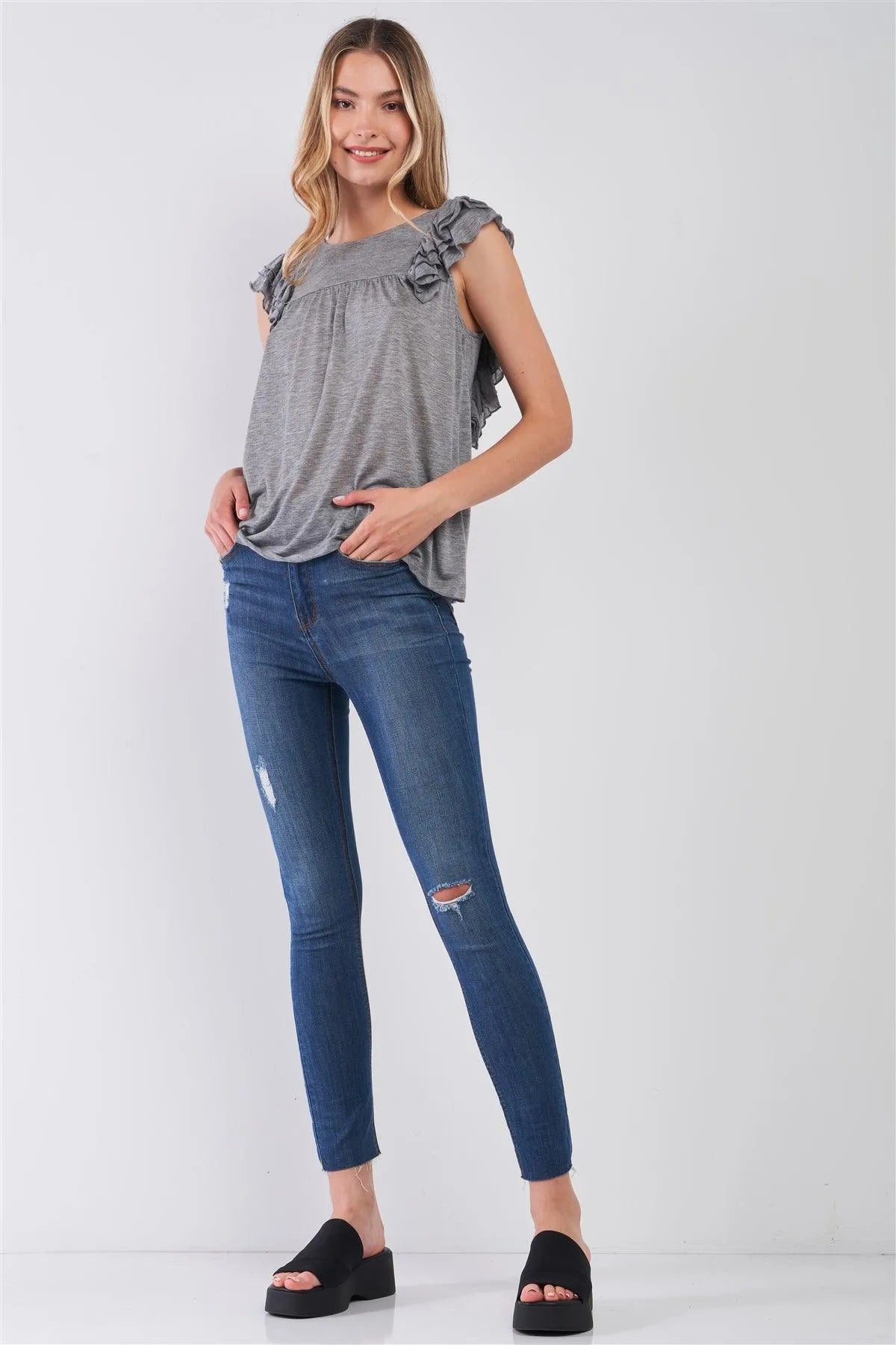 Heather Grey Ruffle Angel Sleeve Trim Round Neck Babydoll Top /2-2 - Tasha Apparel Wholesale