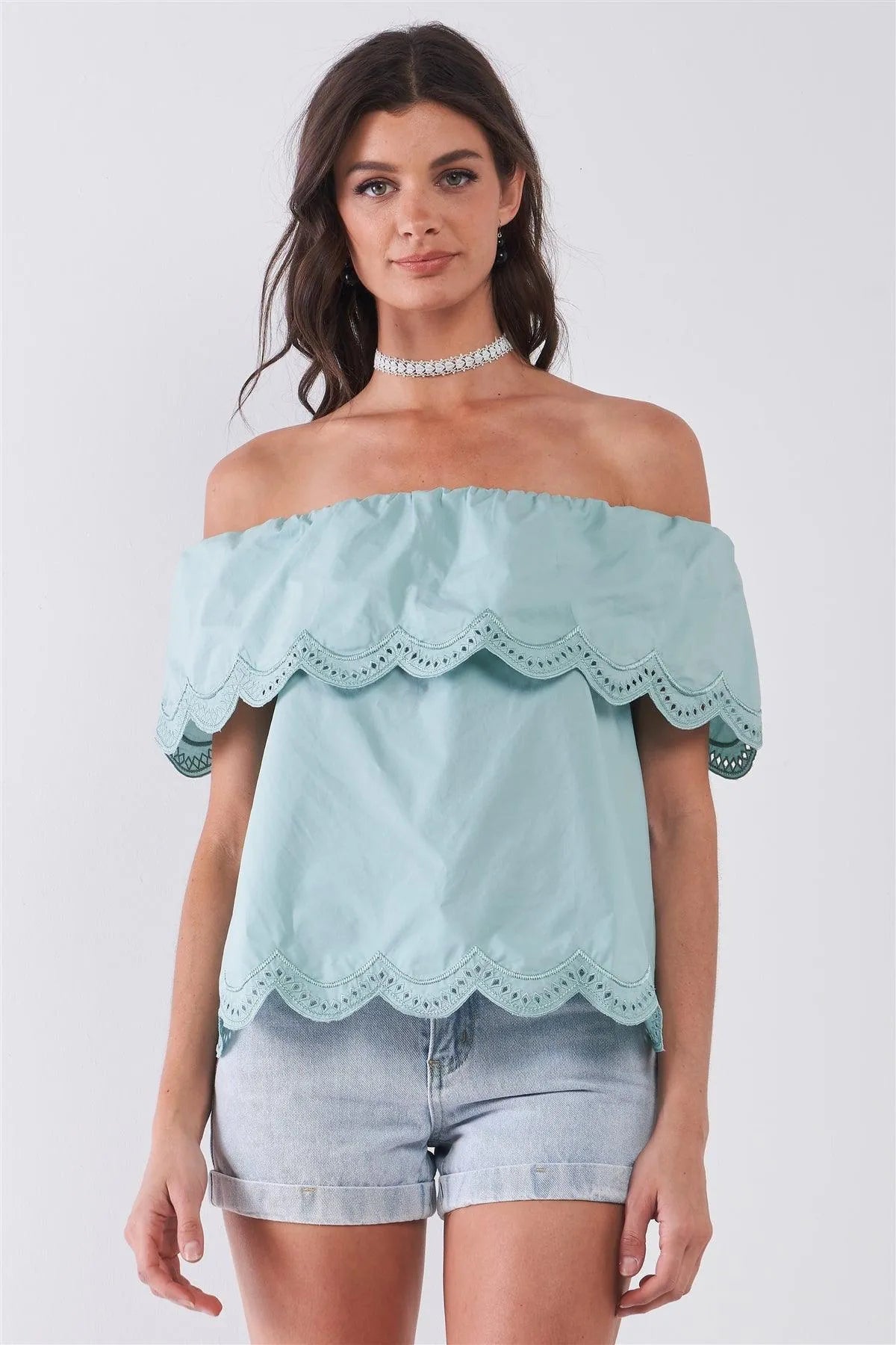 Seafoam Off-The-Shoulder Scallop Hem Short Sleeve Top /2-1 - Tasha Apparel Wholesale