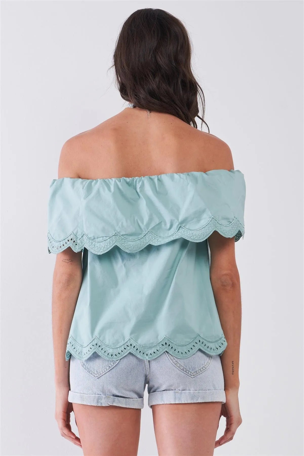 Seafoam Off-The-Shoulder Scallop Hem Short Sleeve Top /1-2-1 - Tasha Apparel Wholesale