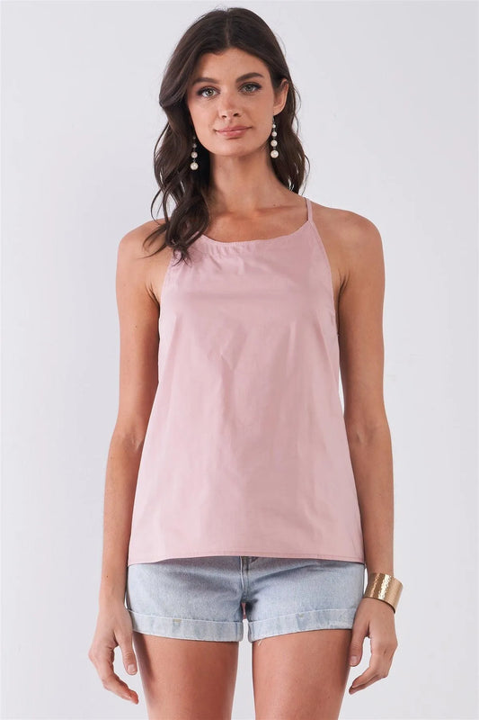 Blush Round Neck Sleeveless Criss-Cross Back Loose Fit Top /1-2-2-1 - Tasha Apparel Wholesale