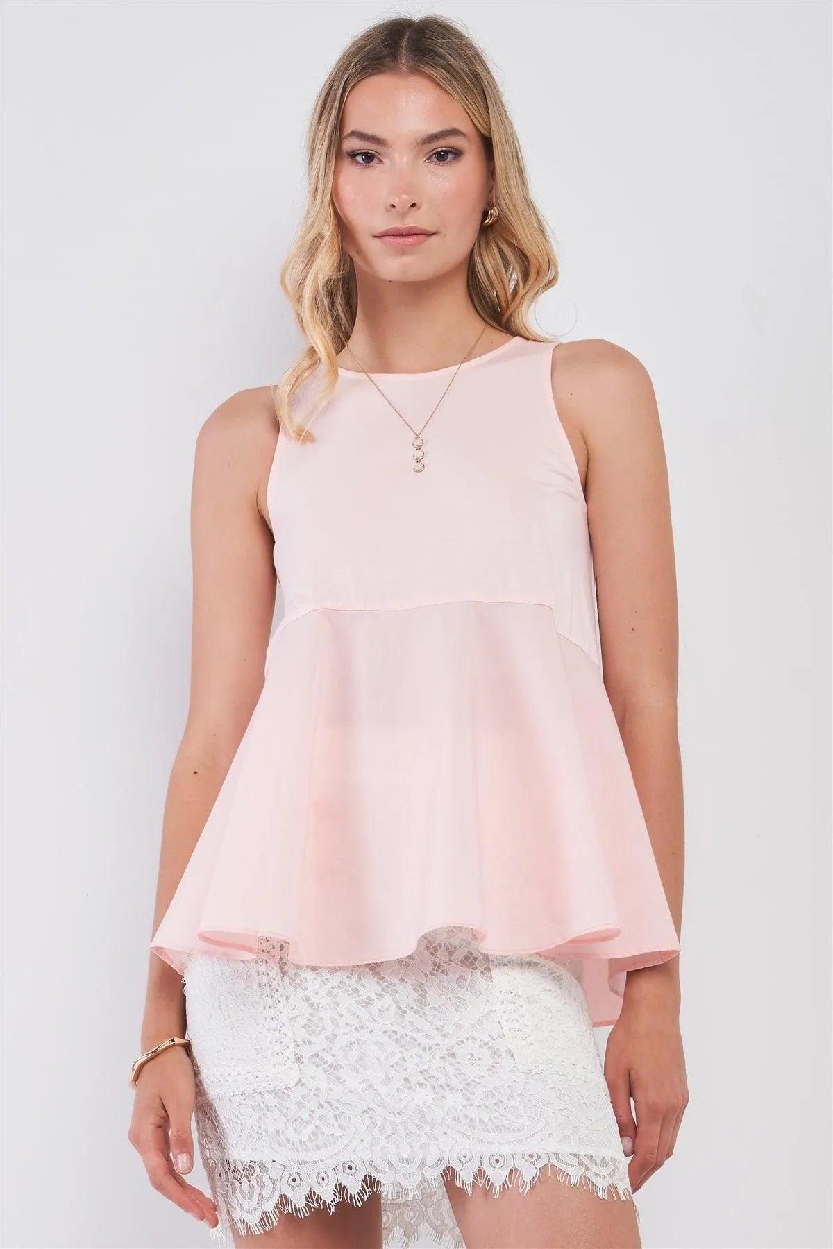 Blush Pink Combo Sleeveless Crew Neck Flare Babydoll Top /1-2-3 - Tasha Apparel Wholesale