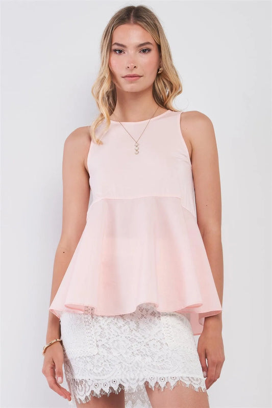 Blush Pink Combo Sleeveless Crew Neck Flare Babydoll Top /1-2-3 - Tasha Apparel Wholesale