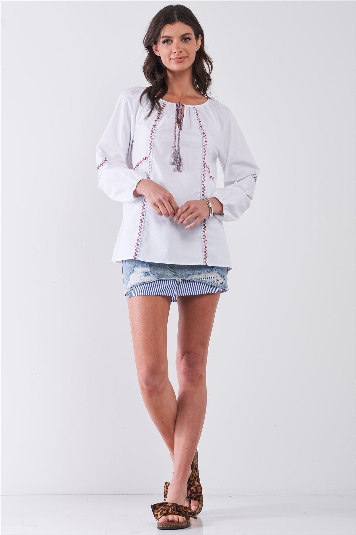 White & Multi Embroidery Round Neck Long Balloon Sleeve Tassel Draw String Tie Loose Fit Blouse /2-2