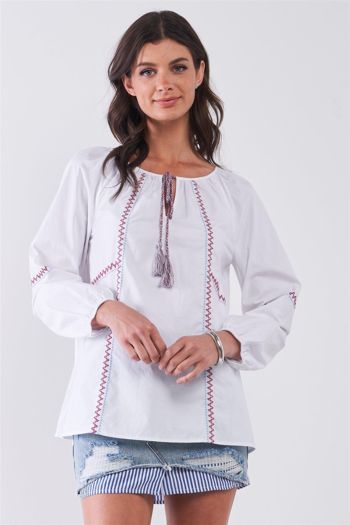 White & Multi Embroidery Round Neck Long Balloon Sleeve Tassel Draw String Tie Loose Fit Blouse /2-2
