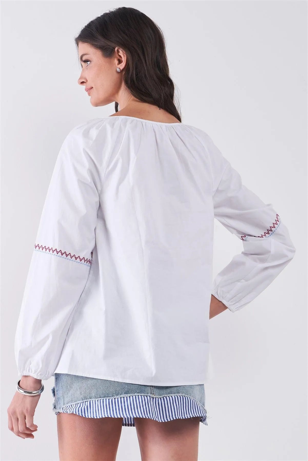 White Embroidery Round Neck Balloon Sleeve Blouse /1-2-2-1 - Tasha Apparel Wholesale