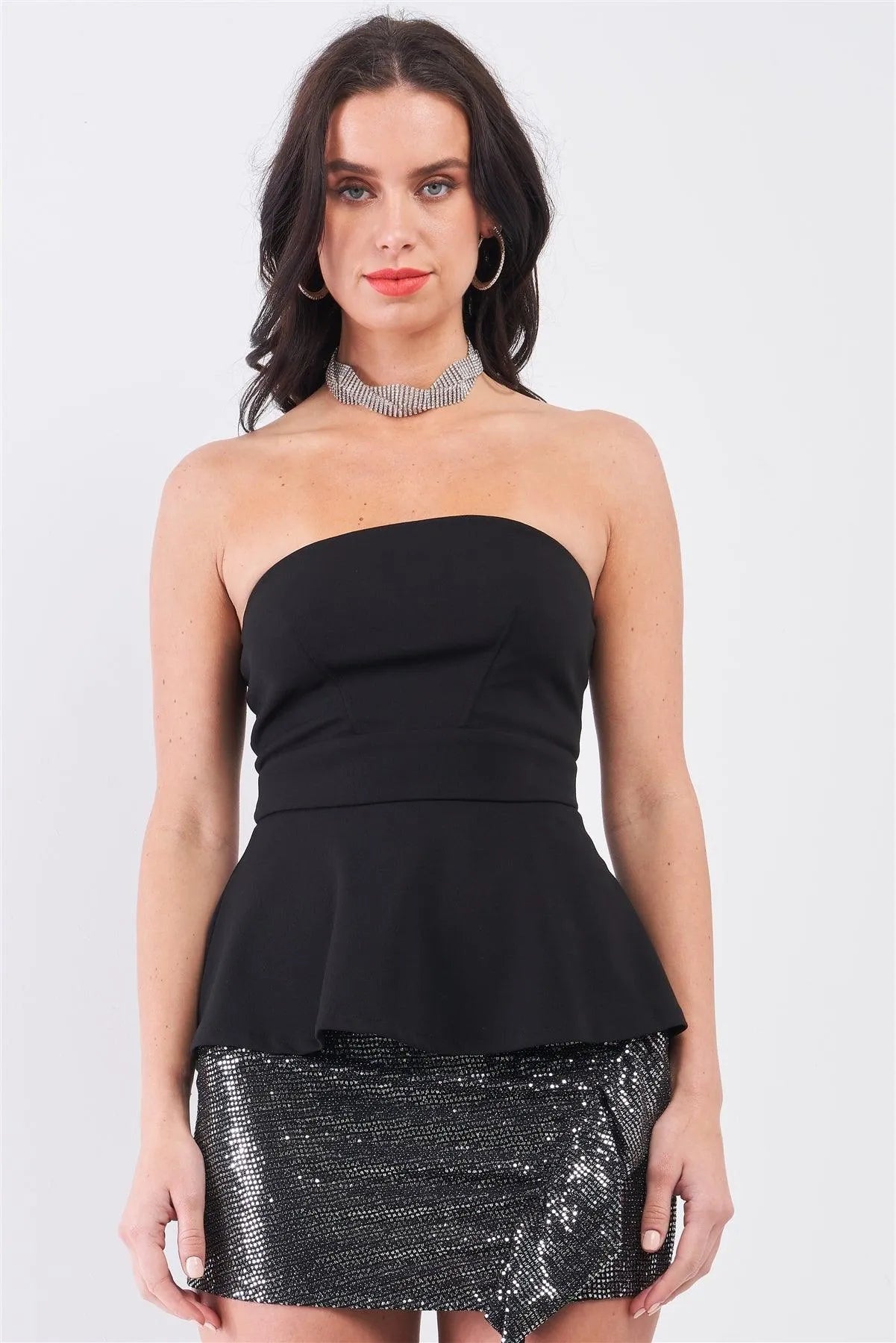 Black Strapless Fitted Flare Elegant Top /1-2-2-1 - Tasha Apparel Wholesale