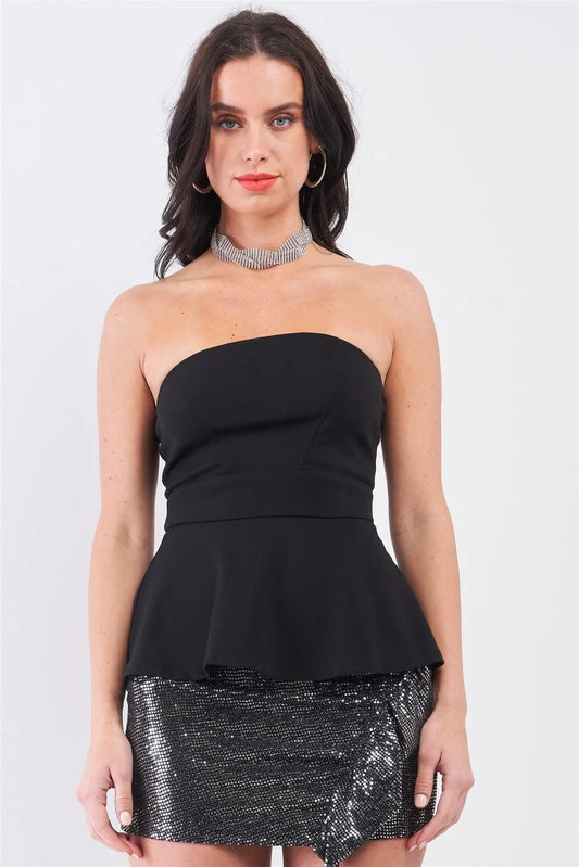 Black Strapless Fitted Flare Elegant Top - Tasha Apparel Wholesale