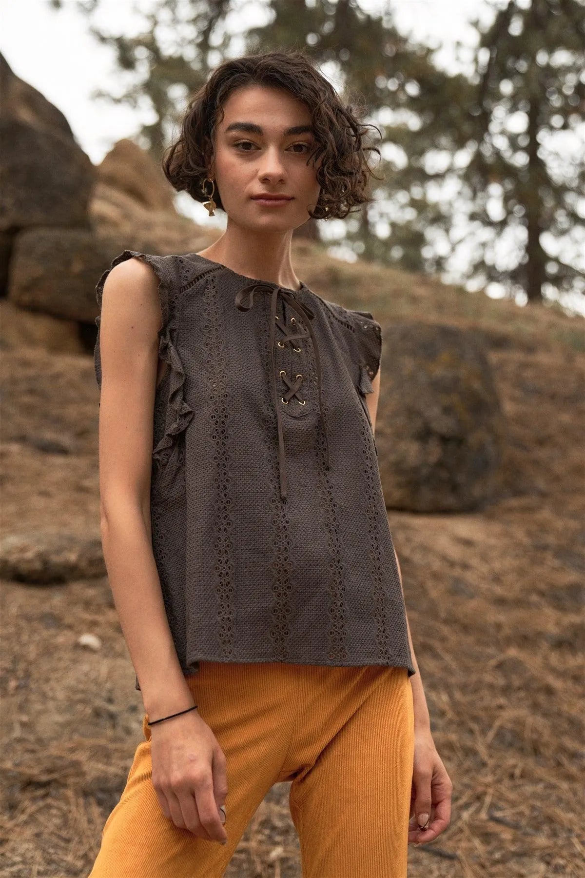 Grey-Olive Eyelet Crochet Sleeveless Ruffle Trim Lace-Up Self-Tie Neck Relaxed Top /1-2-2-1 - Tasha Apparel Wholesale