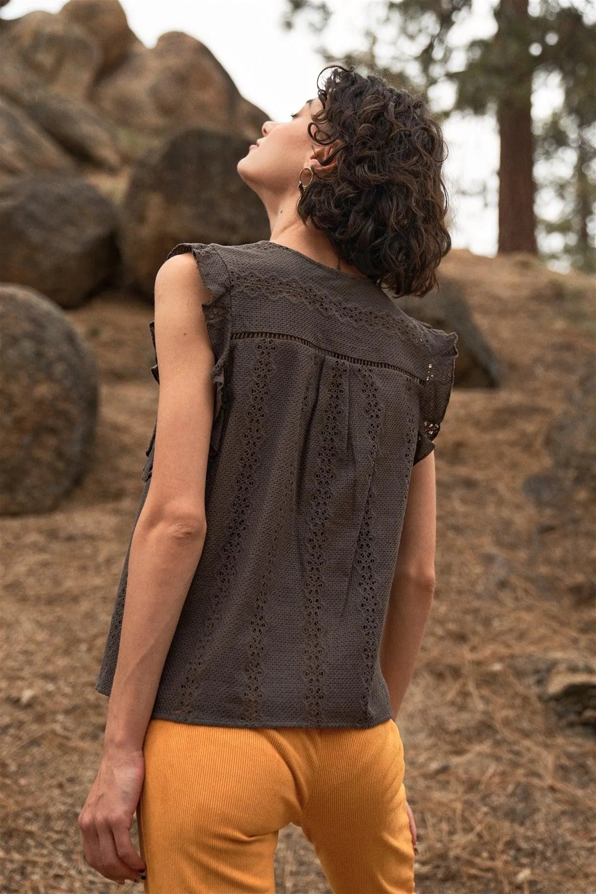 Grey-Olive Eyelet Crochet Sleeveless Ruffle Trim Lace-Up Self-Tie Neck Relaxed Top /1-2-2-1 - Tasha Apparel Wholesale