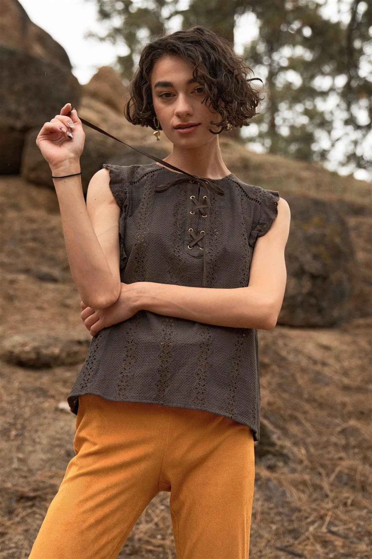 Grey-Olive Eyelet Crochet Sleeveless Ruffle Trim Lace-Up Self-Tie Neck Relaxed Top /1-2-2-1 - Tasha Apparel Wholesale