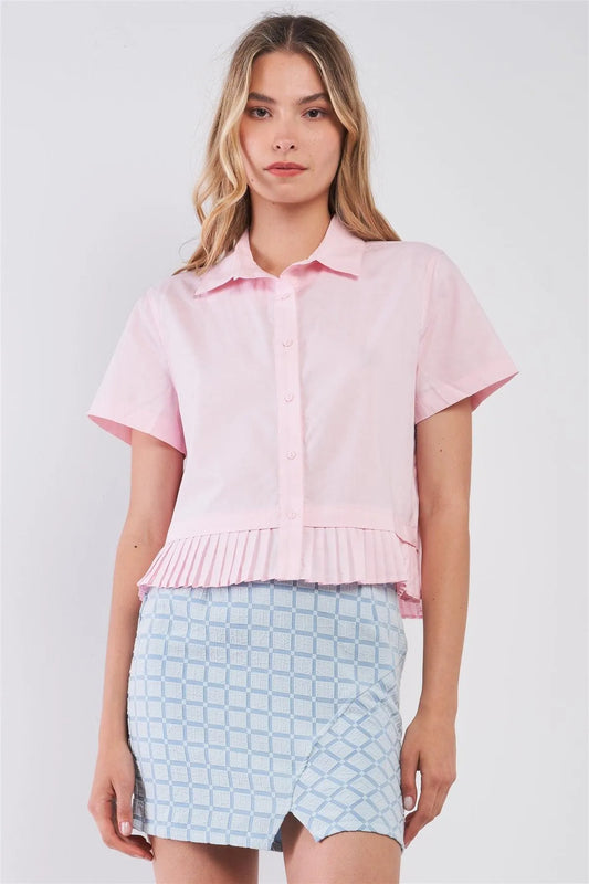 Light Pink Short Sleeve Button-Down Pleated Hem Trim Collared Shirt /3-3 - Tasha Apparel Wholesale