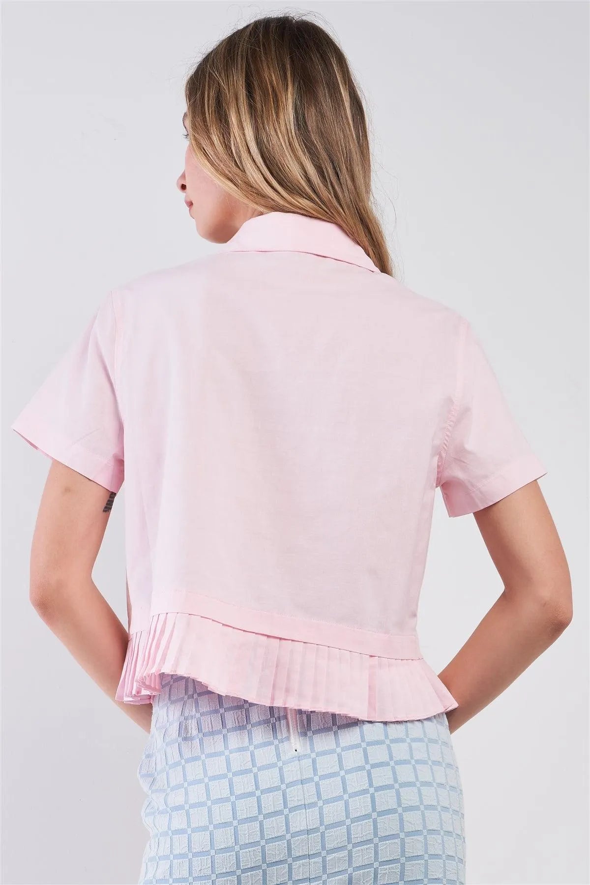 Light Pink Short Sleeve Button-Down Pleated Hem Trim Collared Shirt /3-3 - Tasha Apparel Wholesale