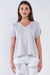 Light Grey Loose Fit V-Neck Peek-A-Boo Shoulder Top /1-3-2-1 - Tasha Apparel Wholesale
