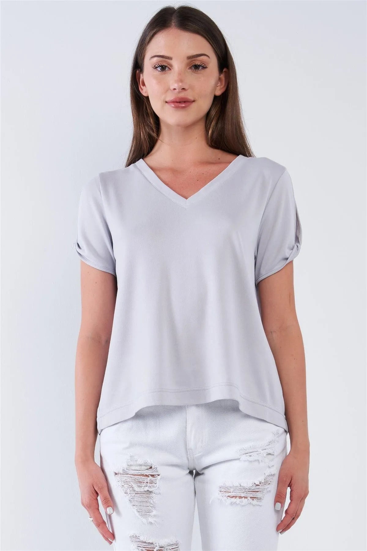 Light Grey Loose Fit V-Neck Peek-A-Boo Shoulder Top /1-3-2-1 - Tasha Apparel Wholesale