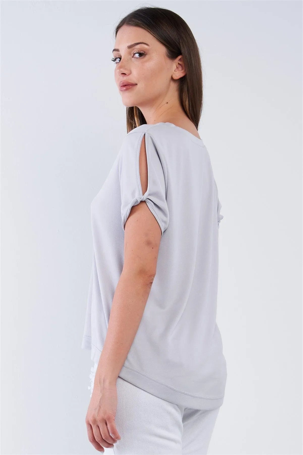 Light Grey Loose Fit V-Neck Peek-A-Boo Shoulder Top /1-3-2-1 - Tasha Apparel Wholesale
