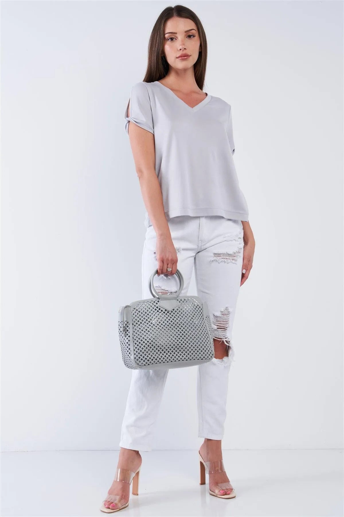 Light Grey Loose Fit V-Neck Peek-A-Boo Shoulder Top /1-3-2-1 - Tasha Apparel Wholesale