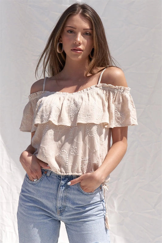 Tan Nude Embroidered Bohemian Relaxed Fit Ruffle Hem Off-The-Shoulder Cropped Top /1-2-2-1 - Tasha Apparel Wholesale