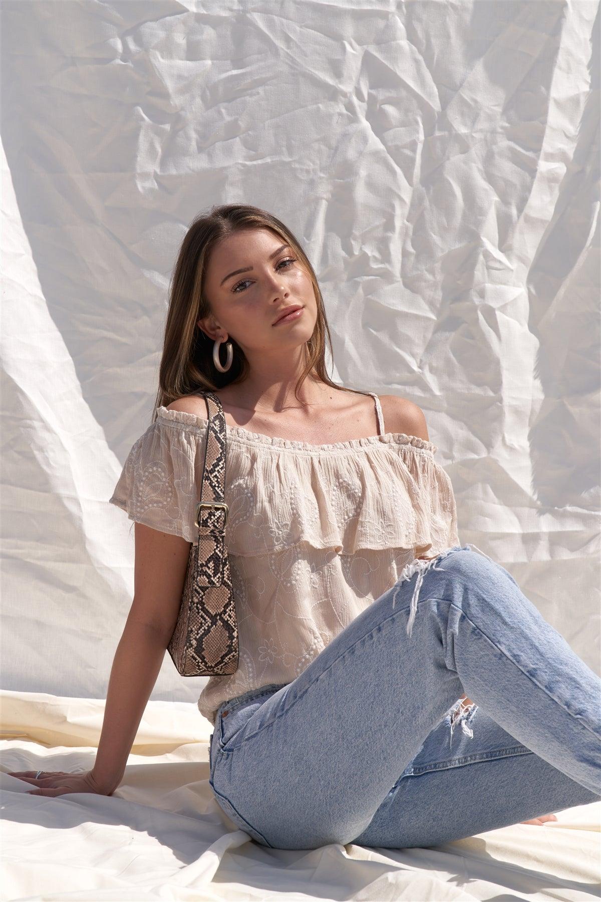 Tan Nude Embroidered Bohemian Relaxed Fit Ruffle Hem Off-The-Shoulder Cropped Top /1-2-2-1