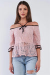 Dusty Pink Off The Shoulder Cropped Lace Midi Sleeve Peplum Top - Tasha Apparel Wholesale