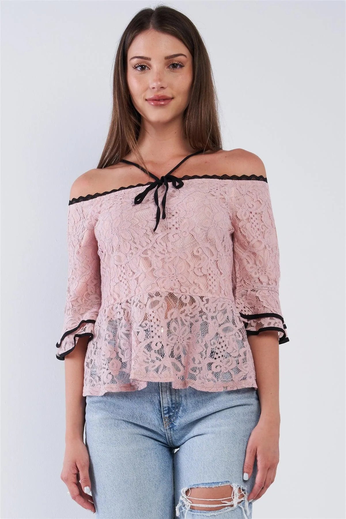 Dusty Pink Off The Shoulder Cropped Lace Midi Sleeve Peplum Top - Tasha Apparel Wholesale