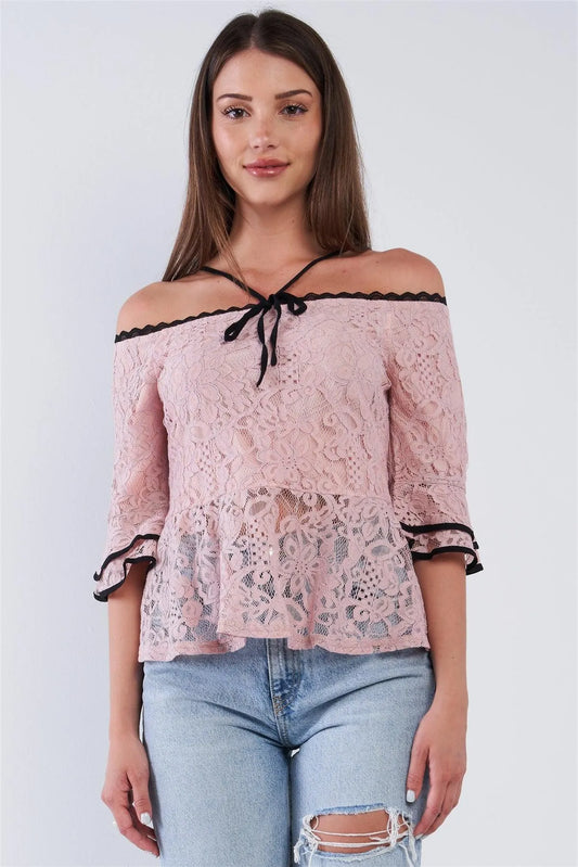 Dusty Pink Off The Shoulder Cropped Lace Midi Sleeve Peplum Top - Tasha Apparel Wholesale