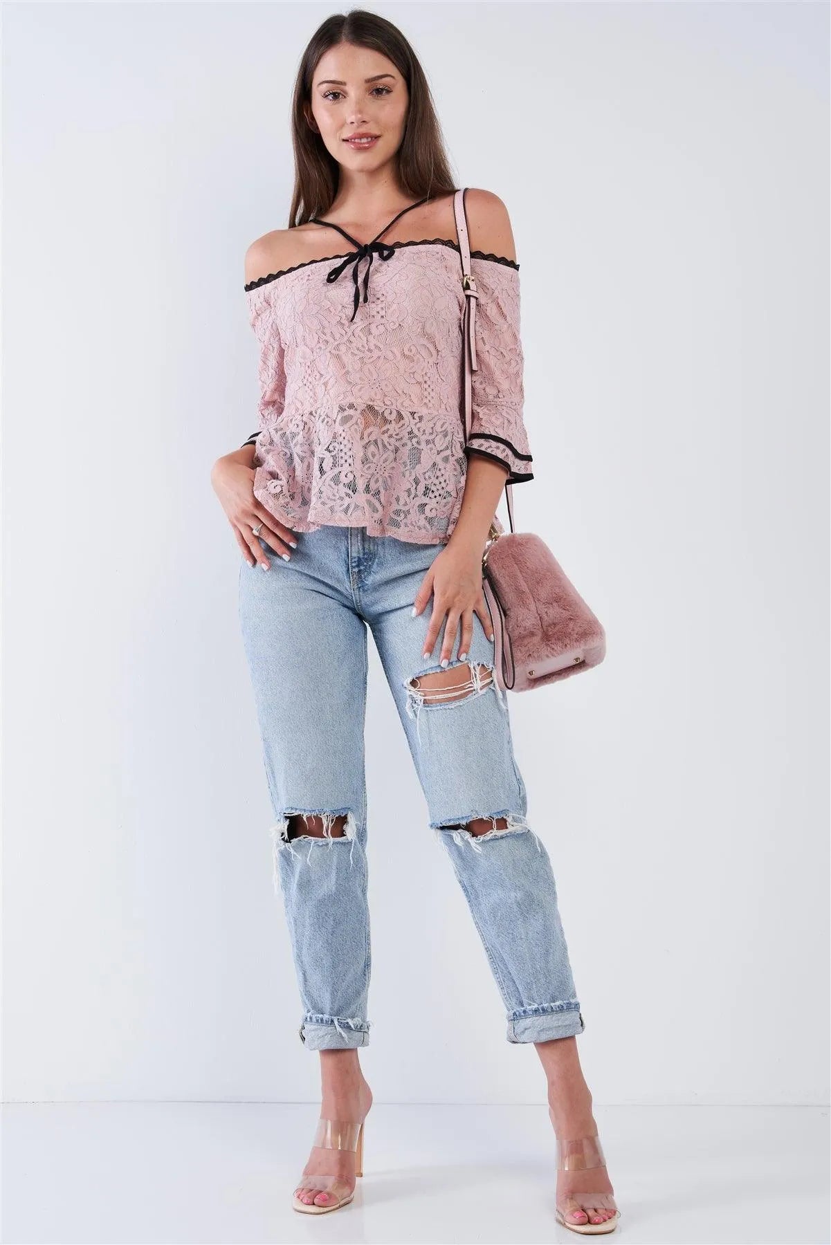 Dusty Pink Off The Shoulder Cropped Lace Midi Sleeve Peplum Top - Tasha Apparel Wholesale