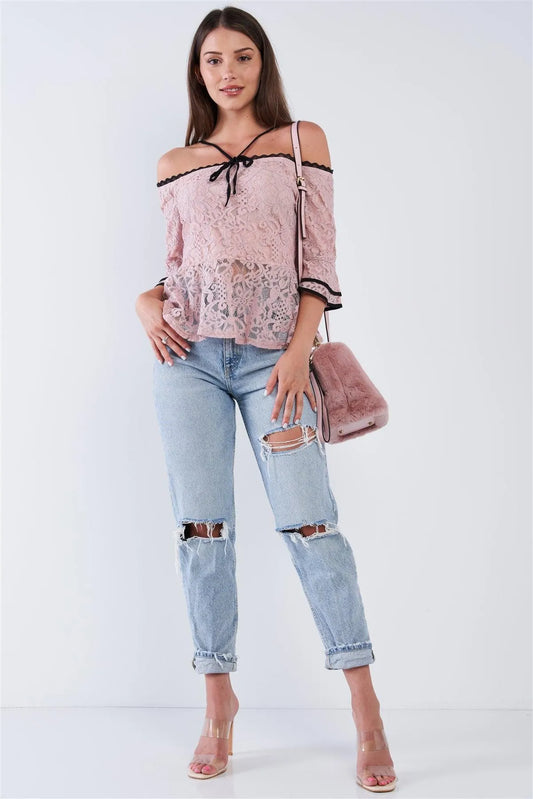 Dusty Pink Off The Shoulder Cropped Lace Midi Sleeve Peplum Top /2-2-2 - Tasha Apparel Wholesale