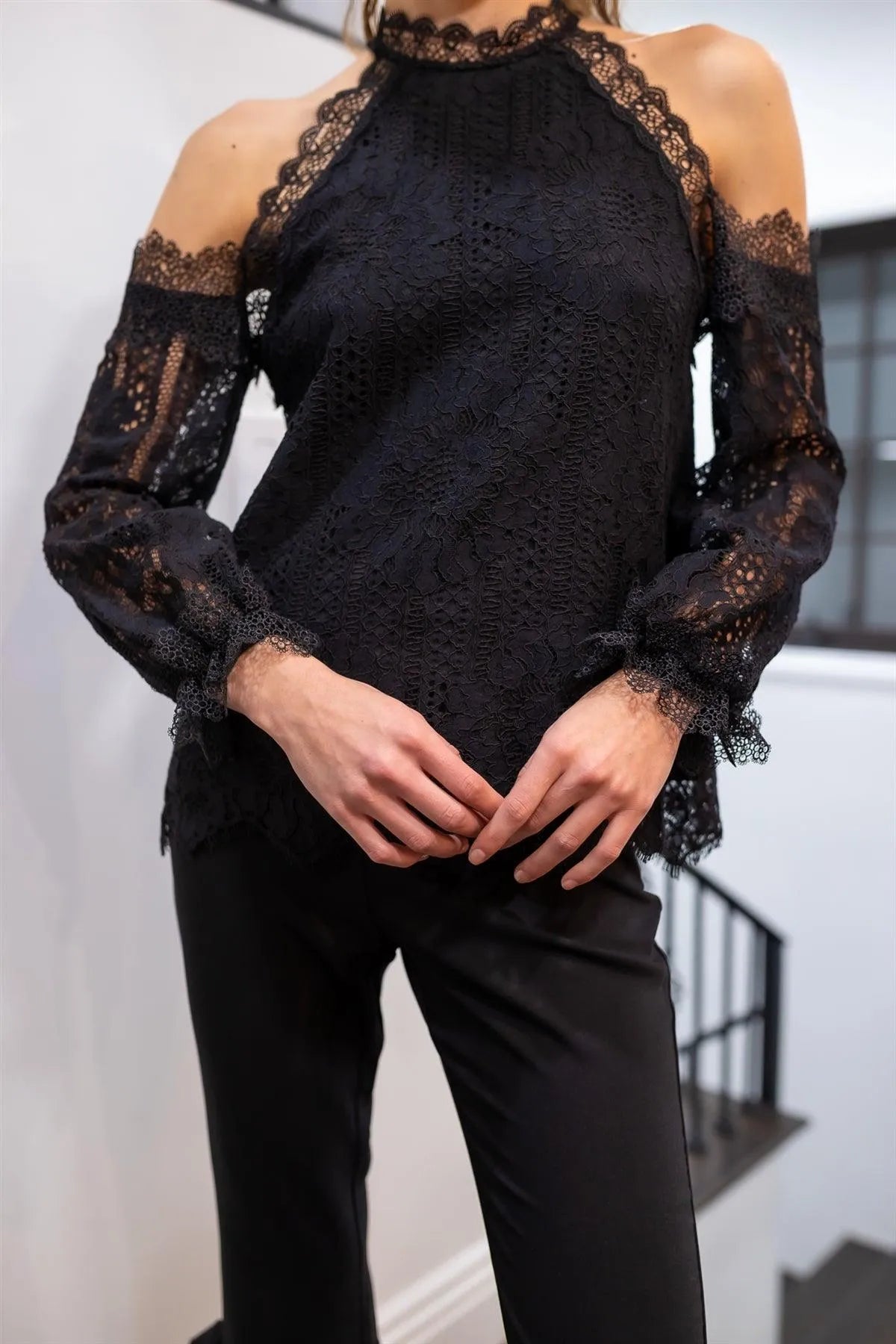 Black Floral Embroidered Lace Trim Collared Off-The-Shoulder Top /1-2-2-1 - Tasha Apparel Wholesale