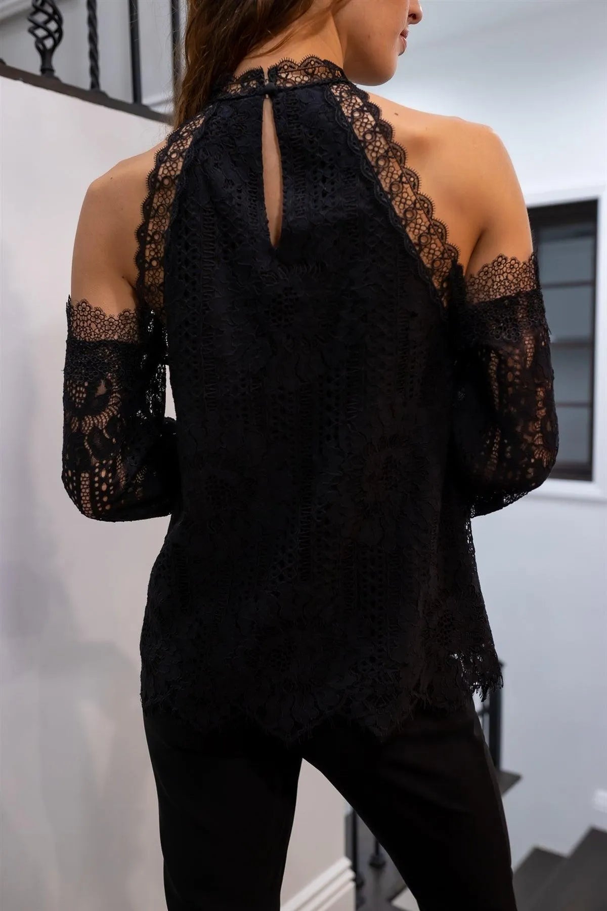 Black Floral Embroidered Lace Trim Collared Off-The-Shoulder Top /1-2-2-1 - Tasha Apparel Wholesale