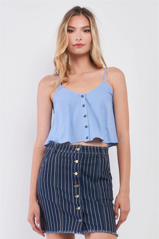 Baby Blue Sleeveless V-Neck Button-Down Front Cami Crop Top /1-2-2-1 - Tasha Apparel Wholesale
