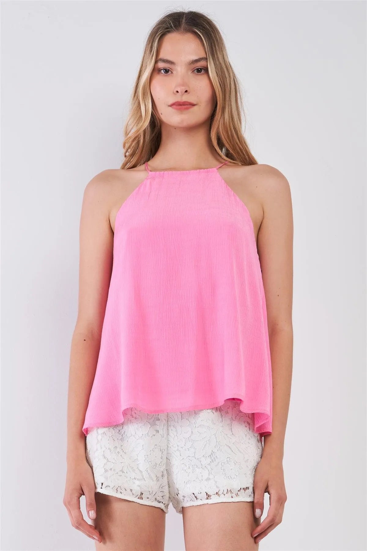Pink Sleeveless High Neck Relaxed Fit Top - Tasha Apparel Wholesale