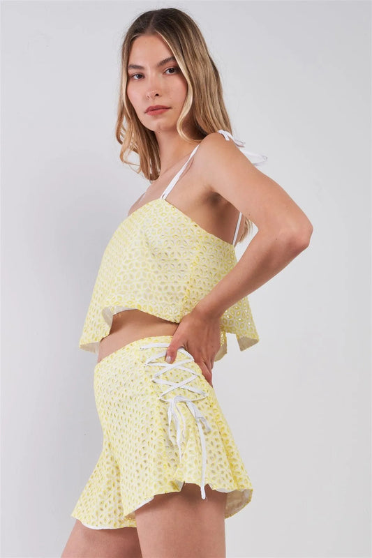 White & Yellow Floral Pattern Embroidery Sleeveless Square Neck Cropped Top & High-Waisted Side Lace-Up Sorts Two Piece Set /2-2 - Tasha Apparel Wholesale