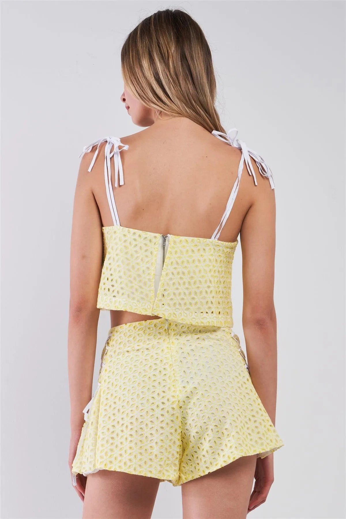 White & Yellow Floral Pattern Embroidery Sleeveless Square Neck Cropped Top & High-Waisted Side Lace-Up Sorts Two Piece Set /2-2 - Tasha Apparel Wholesale