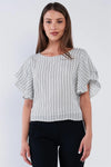 White Black Striped Ruffled Sleeve Backless Belted Blouse Top /1-2-2-1 - Tasha Apparel Wholesale