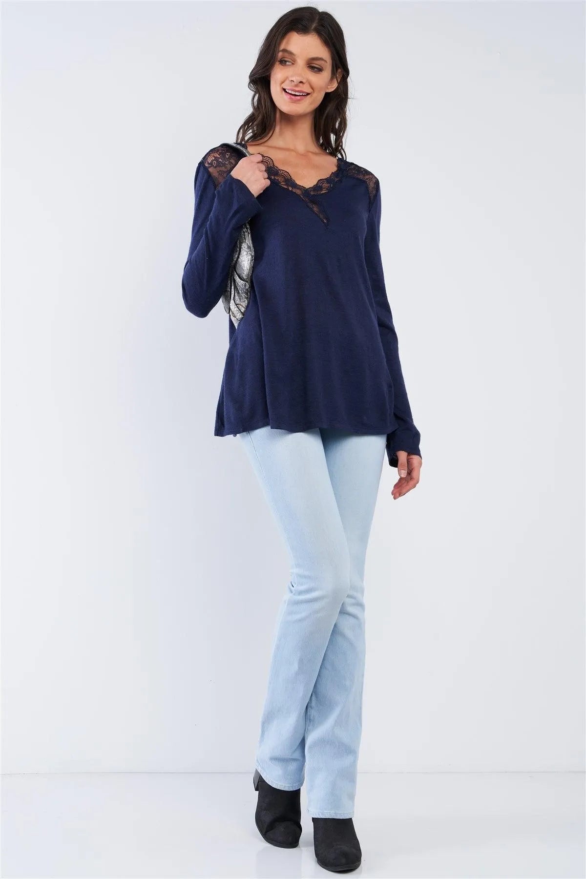 Navy Blue Loose Fit Long Sleeve Lace Hem V-Neckline Back String Self-Tie Detail Top /1-2-2-1 - Tasha Apparel Wholesale