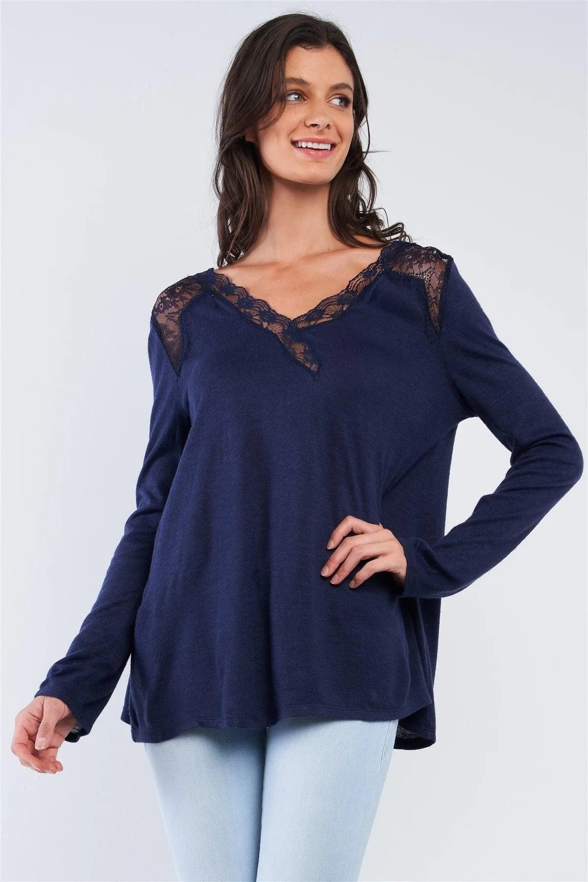 Navy Blue Loose Fit Long Sleeve Lace Hem V-Neckline Back String Self-Tie Detail Top - Tasha Apparel Wholesale