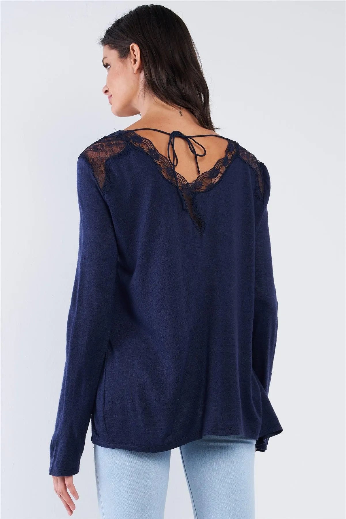 Navy Blue Loose Fit Long Sleeve Lace Hem V-Neckline Back String Self-Tie Detail Top - Tasha Apparel Wholesale