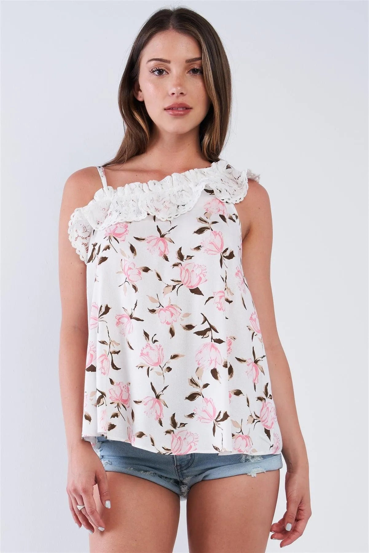 Ivory Floral Print Loose Fit Asymmetrical Cotton Ruched Hem One-Shoulder Top /1-2-2-1 - Tasha Apparel Wholesale