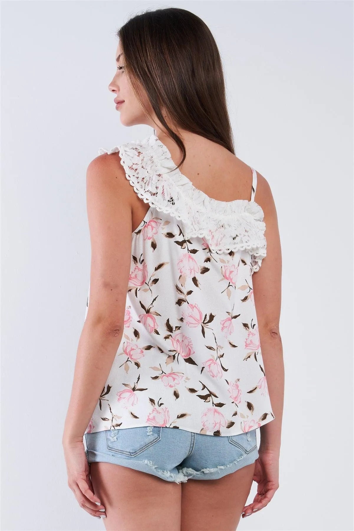 Ivory Floral Print Loose Fit Asymmetrical Cotton Ruched Hem One-Shoulder Top - Tasha Apparel Wholesale