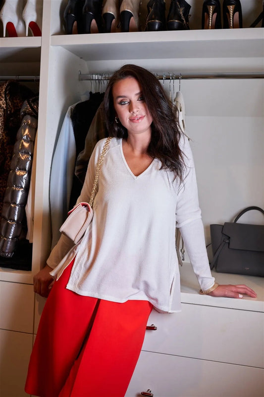 Off-White Loose Fit Long Sleeve V-Neck Mesh Detail Tunic Pullover Top /1-2-2-1 - Tasha Apparel Wholesale