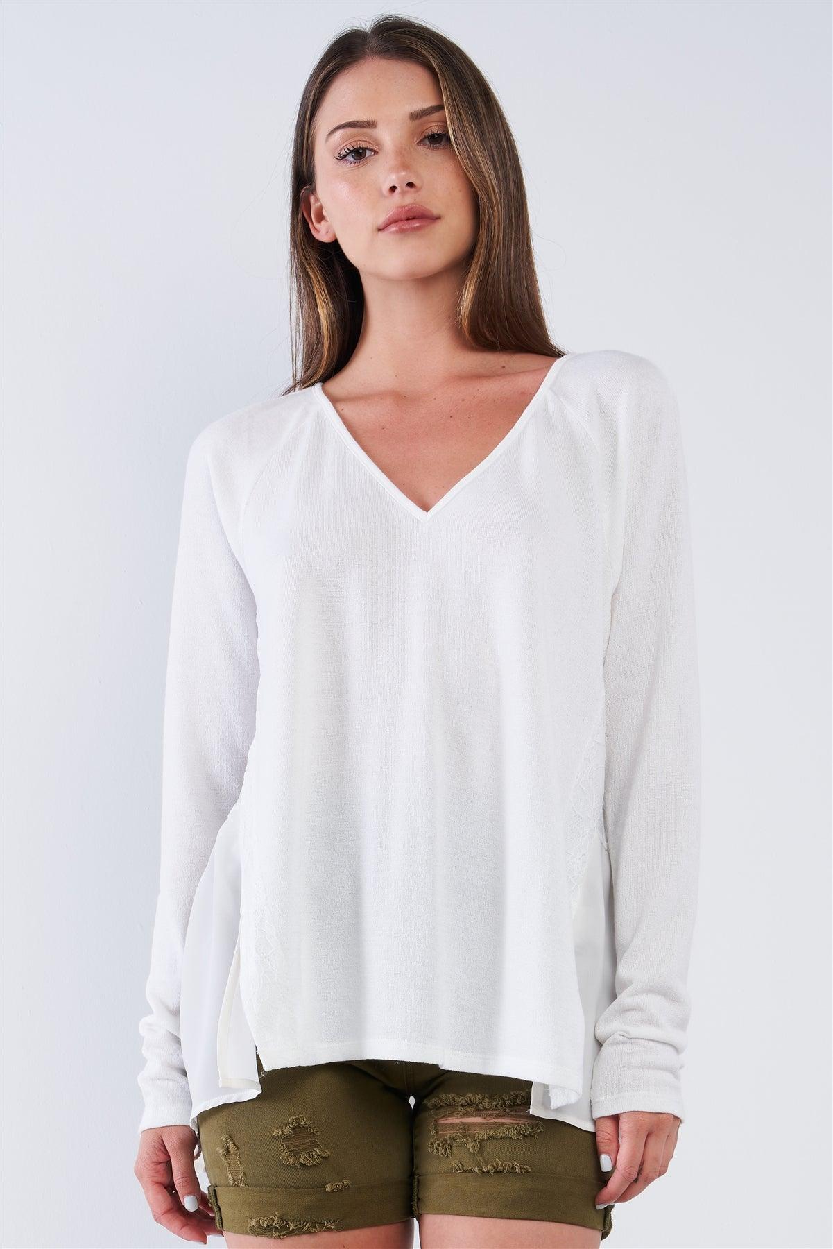 Off-White Loose Fit Long Sleeve V-Neck Mesh Detail Tunic Pullover Top /1-2-2-1